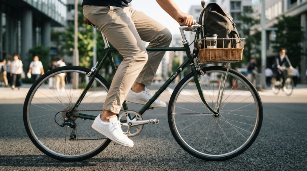 自転車のかごに荷物を載せて通勤する人の脚元を横から捉えた写真