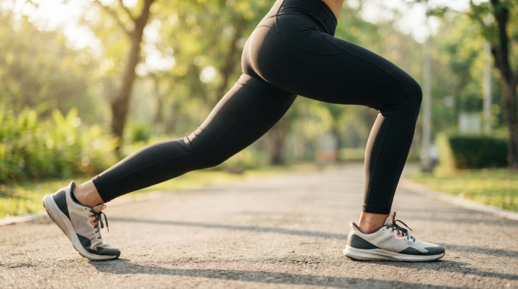 ランニングウェア姿でストレッチをする女性の脚部アップ