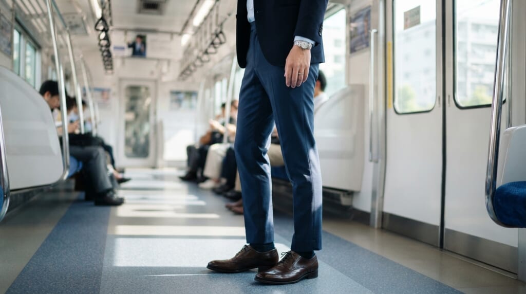 通勤電車の吊り革につかまるネイビーのテーパードパンツを履いた男性の下半身