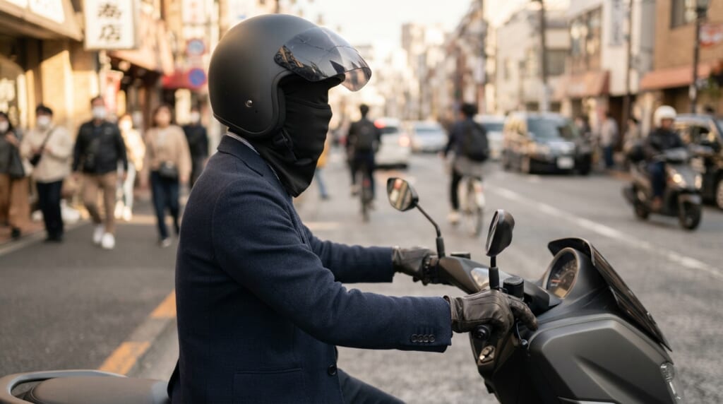 ジェットヘルメットの下に黒いフェイスカバーを着けてスクーターにまたがる通勤ライダー