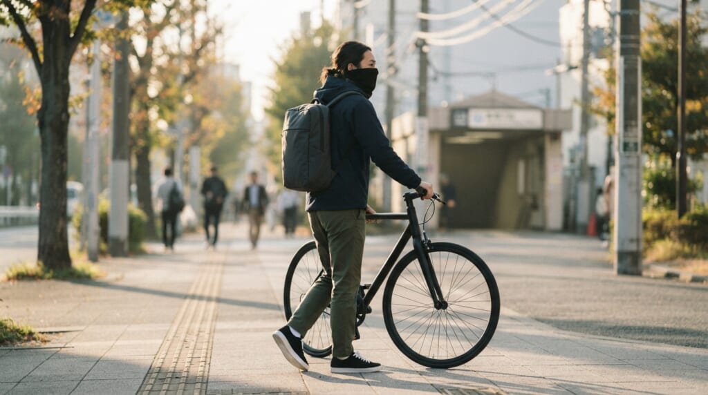 駅へ向かう歩道で、黒いネックゲーターを口元まで引き上げて自転車を押す人