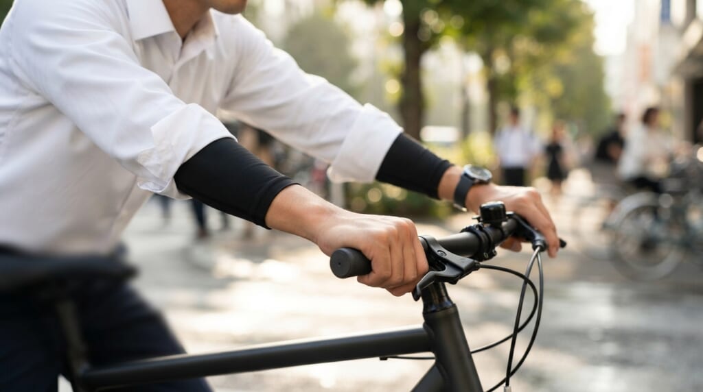 自転車で通勤する会社員の袖口から見える黒い長袖インナー