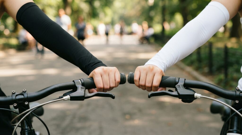 自転車のハンドルを握る腕に黒と白の冷感アームカバーを着けた女性2人の手元