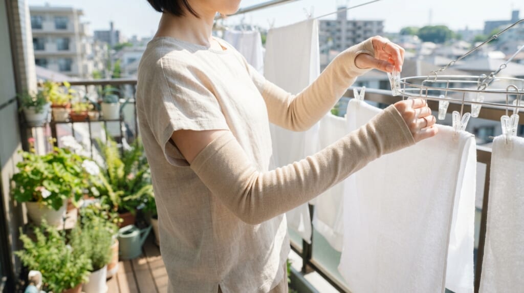 ベランダで洗濯物を干す女性の腕にベージュのロング丈アームカバーが見える様子
