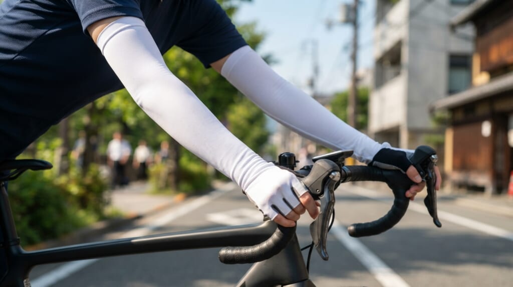 自転車のハンドルを握る女性の腕に白い冷感アームカバーを着けた日中の街角