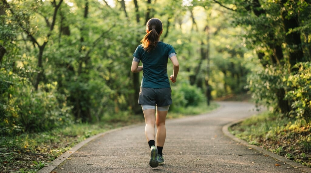 公園の遊歩道でランニングウェアの下に薄手のインナーを着て走る女性ランナー