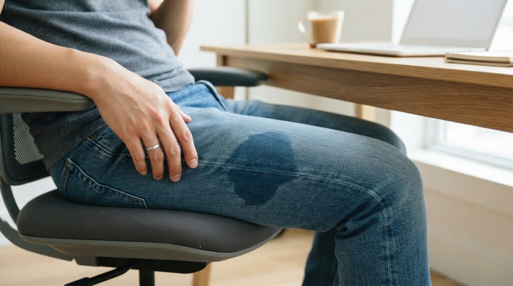 デスクチェアに座った人のデニムパンツの太もも部分に汗じみが広がっている様子