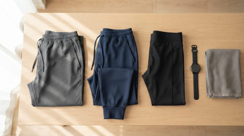 ストレッチパンツ、ジョガーパンツ、スポーツタイツを並べて置いたフラットレイ