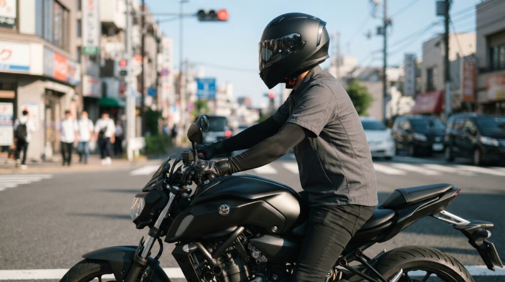 信号待ちのバイクにまたがりアームカバーを着けたライダーの横姿