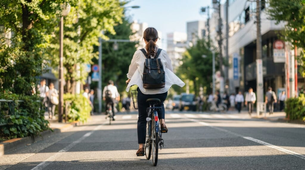 白いワイシャツの下にノースリーブインナーを重ね、自転車で通勤する人の後ろ姿