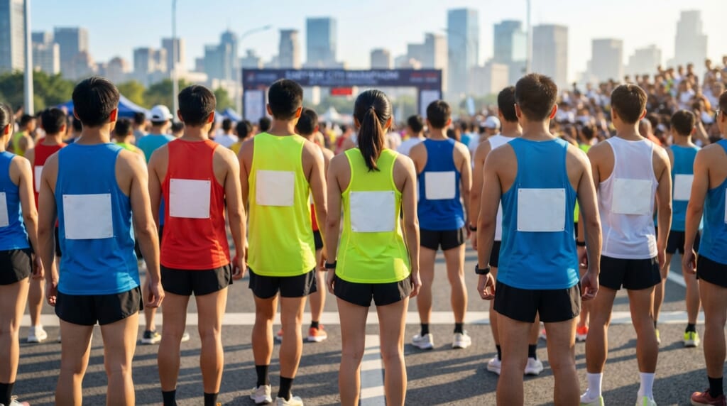 ロードレースのスタート地点でタンクトップ型ランニングシャツにゼッケンを付けて並ぶ市民ランナーたち