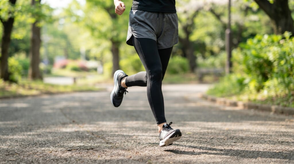 ランニングコースで黒いフィットタイツに短パンを重ねて走るランナーの下半身