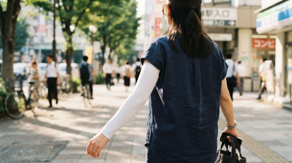 駅へ向かう歩道で日差しの中を歩く女性の腕に白い冷感アームカバー