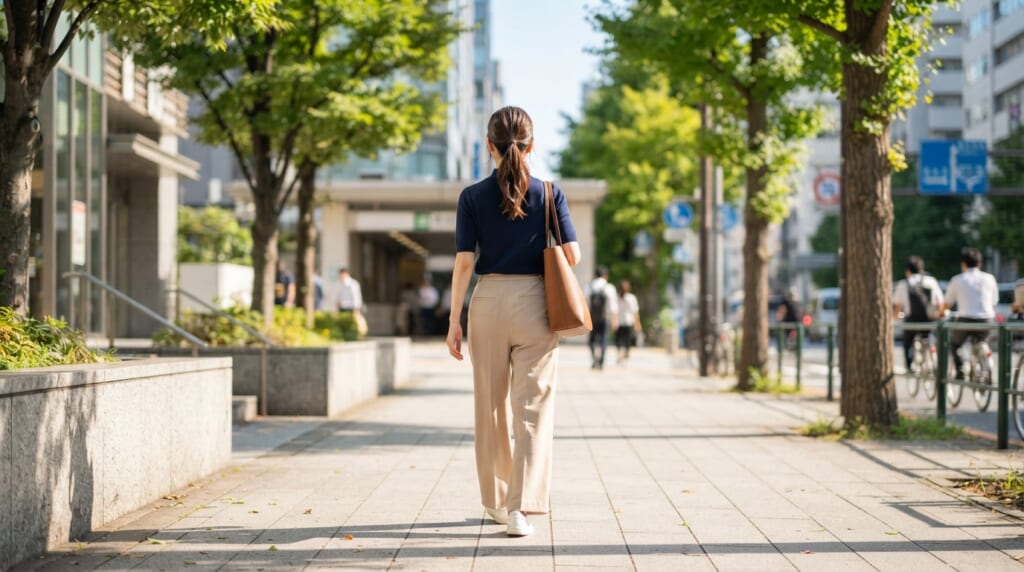 駅へ向かう歩道でネイビーのモックネックシャツを着た30代女性の歩く姿